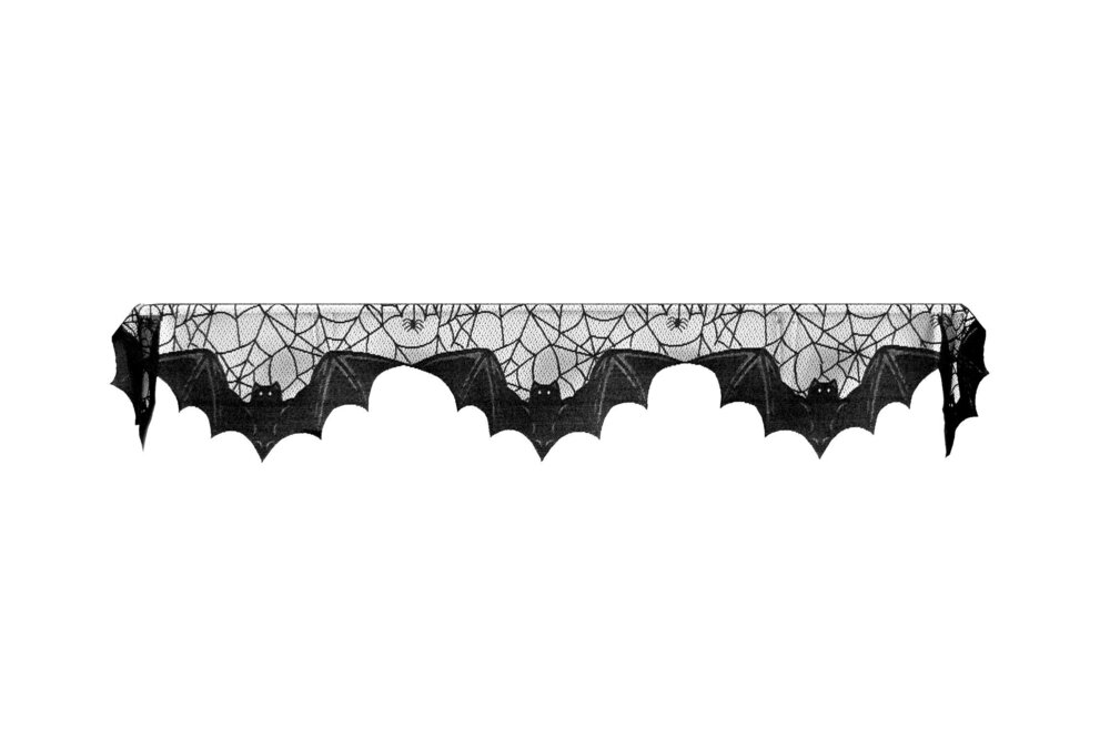 6043 Halloween Bats Mantle Scarf , 20" x 80", Black Lace, Made in the USA
